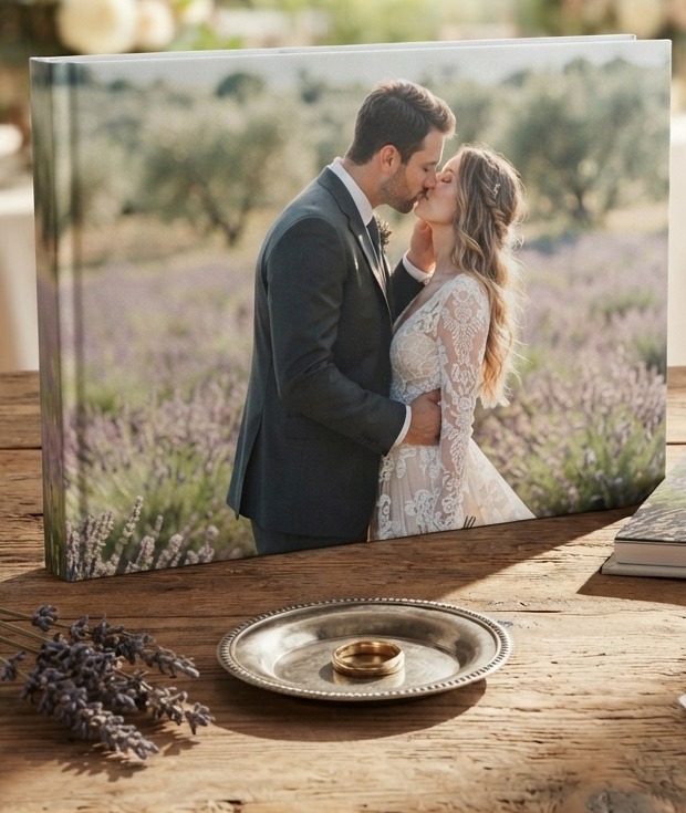 A premium hardcover keepsake book, open to a page with a couple's photo, a scan-to-play QR code, and other memory pages.