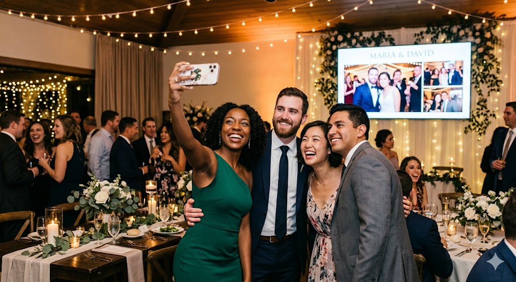 Wedding guests taking a selfie in front of the Live Wall screen displaying photos from the reception.