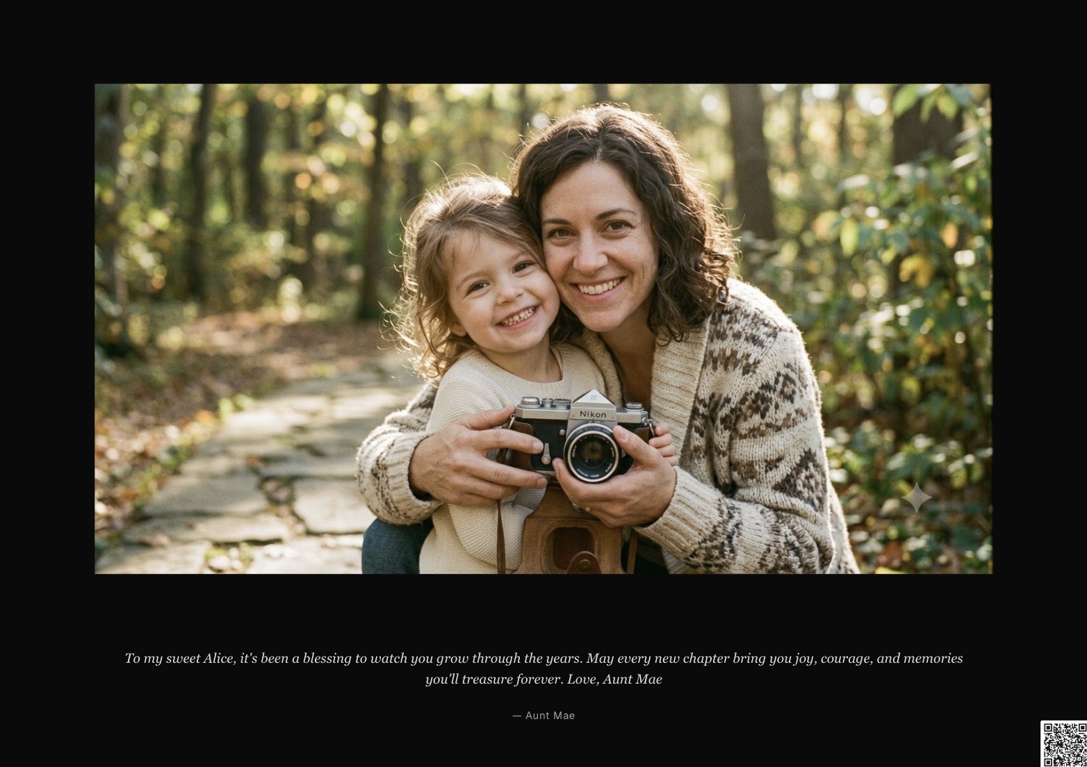 A book page with a photo of an aunt and her niece, captioned with a heartfelt message signed 'Aunt Mae,' and a scan-to-play QR code in the corner.